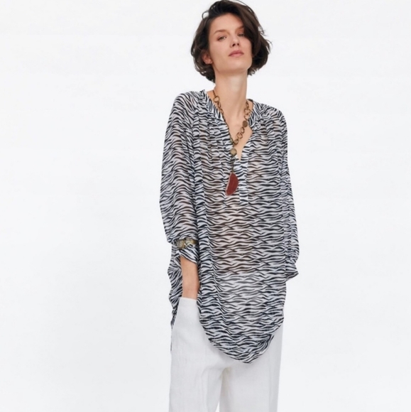 Zara Sheer Zebra Print Long Oversize Blouse Top - Picture 6 of 10